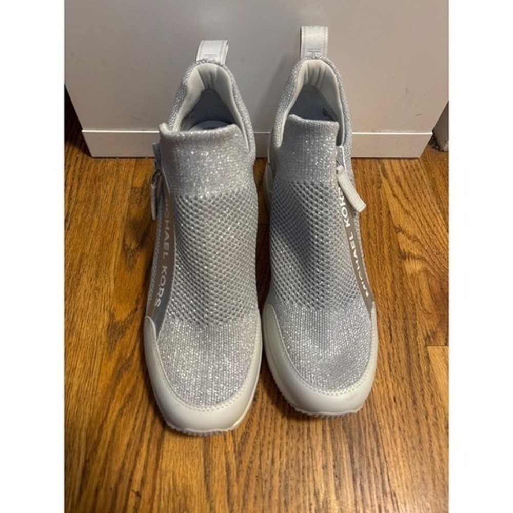 Michael Kors Women's Silver Glitter Knit Slip On Wedge Sneakers Shoes 11M